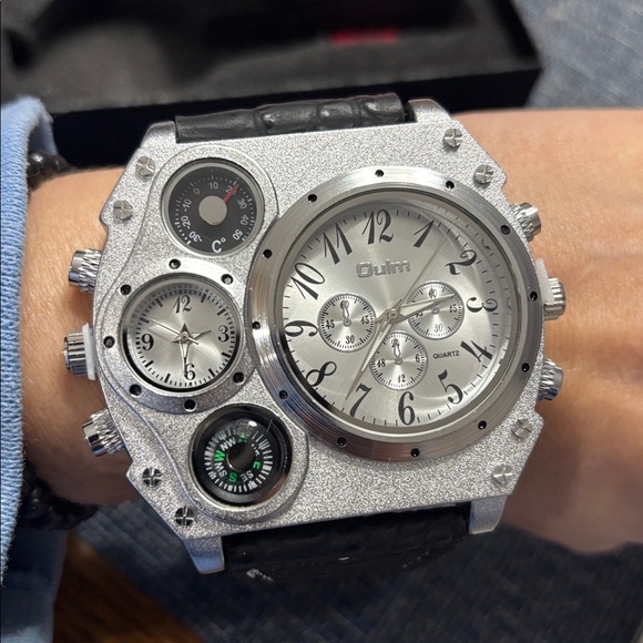 NEW Men’s Tactical Big Face Watch Dual Time Zone Leather Strap Sport Watch - Picture 2 of 5